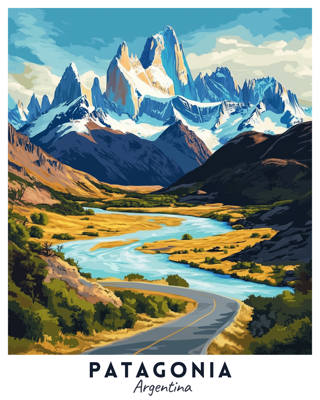 A travel poster depicting a scenic view of Patagonia with mountains, a river, and a road, titled 'Patagonia Argentina'.