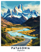 A travel poster depicting a scenic view of Patagonia with mountains, a river, and a road, titled 'Patagonia Argentina'.
