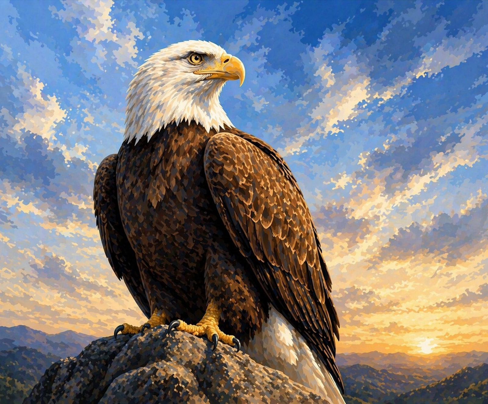 Bald eagle perched on a rock with a scenic background of mountains and sunset.
