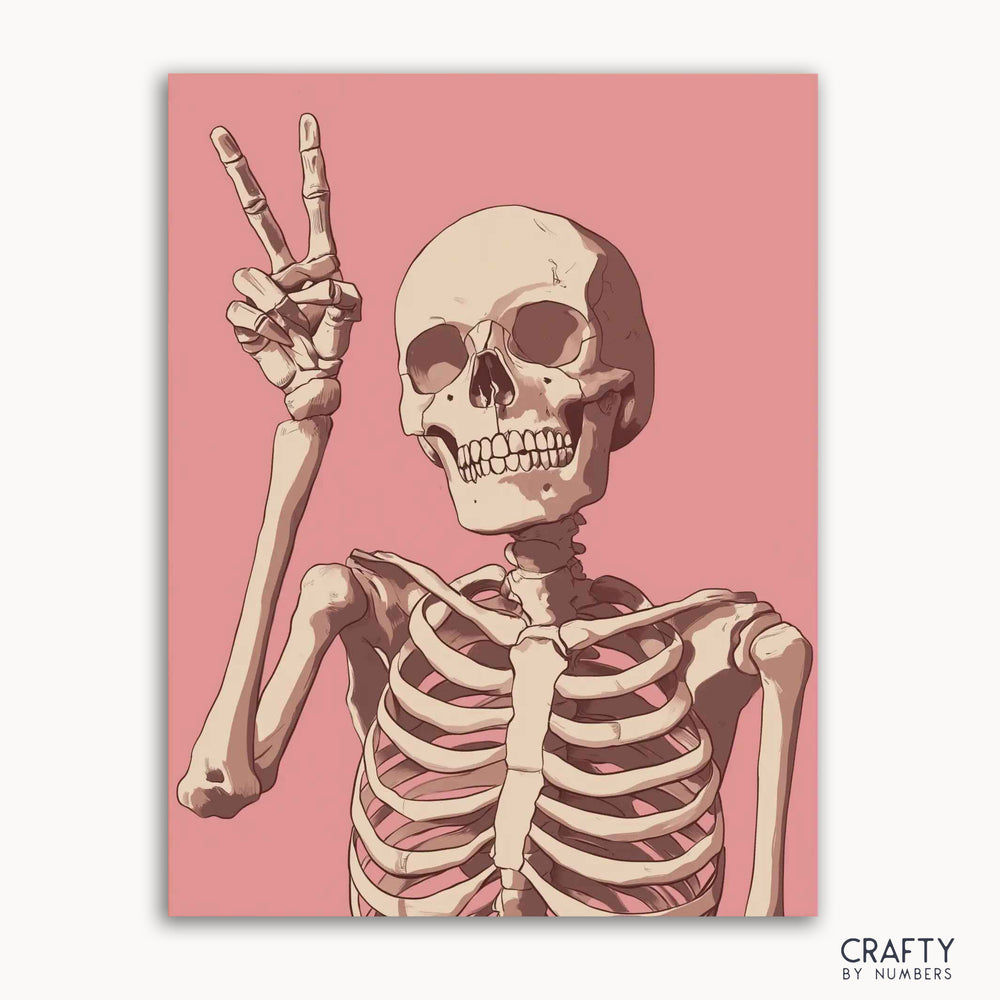 A paint by numbers kit featuring a skeleton with a peace sign against a pink background.
