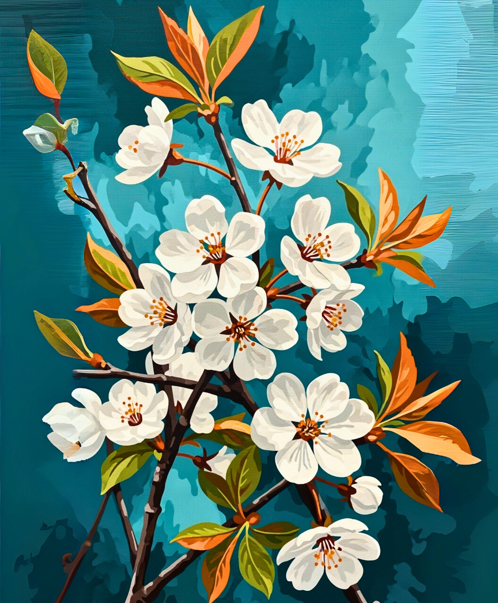 Branch of white flowers with green and orange leaves on a blue background