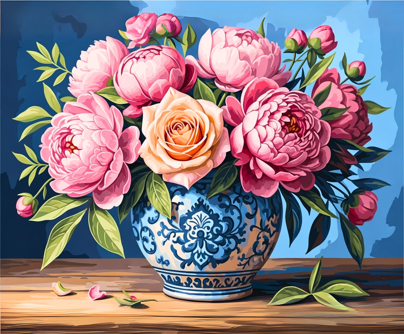 Dekoratives Gemälde eines Blumenarrangements in einer blau-weißen Vase auf einer Holzoberfläche mit blauem Hintergrund.