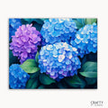 A paint by numbers kit canvas with a floral design, featuring hydrangeas in blue and violet hues with lush green leaves.