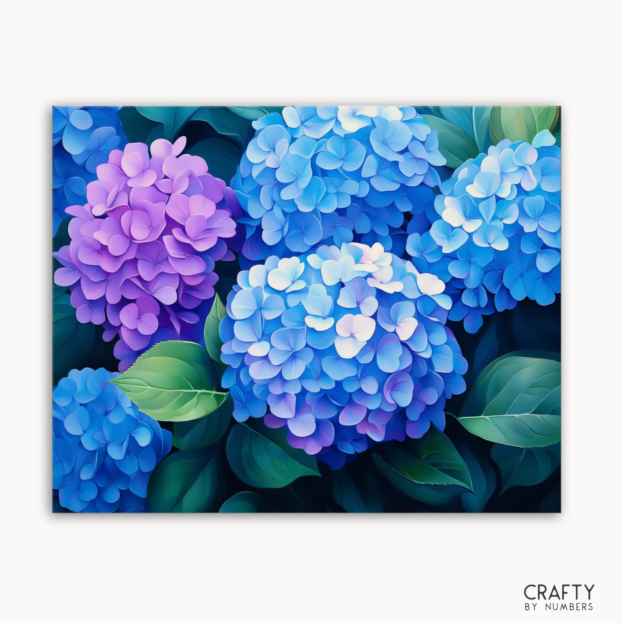 A paint by numbers kit canvas with a floral design, featuring hydrangeas in blue and violet hues with lush green leaves.
