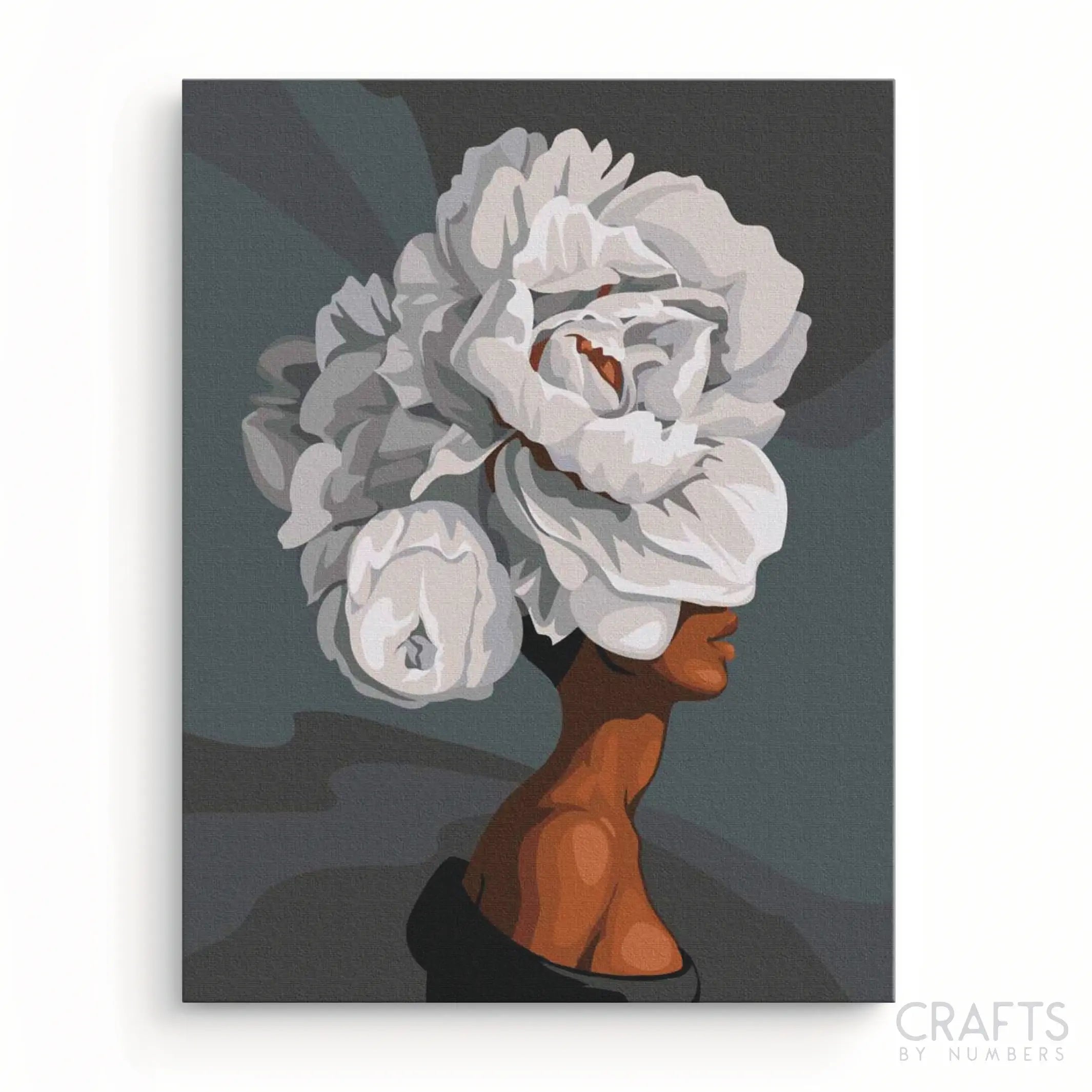 A paint-by-number kit depicting a silhouette of a woman's profile filled with an intricate floral pattern in white and grey tones.
