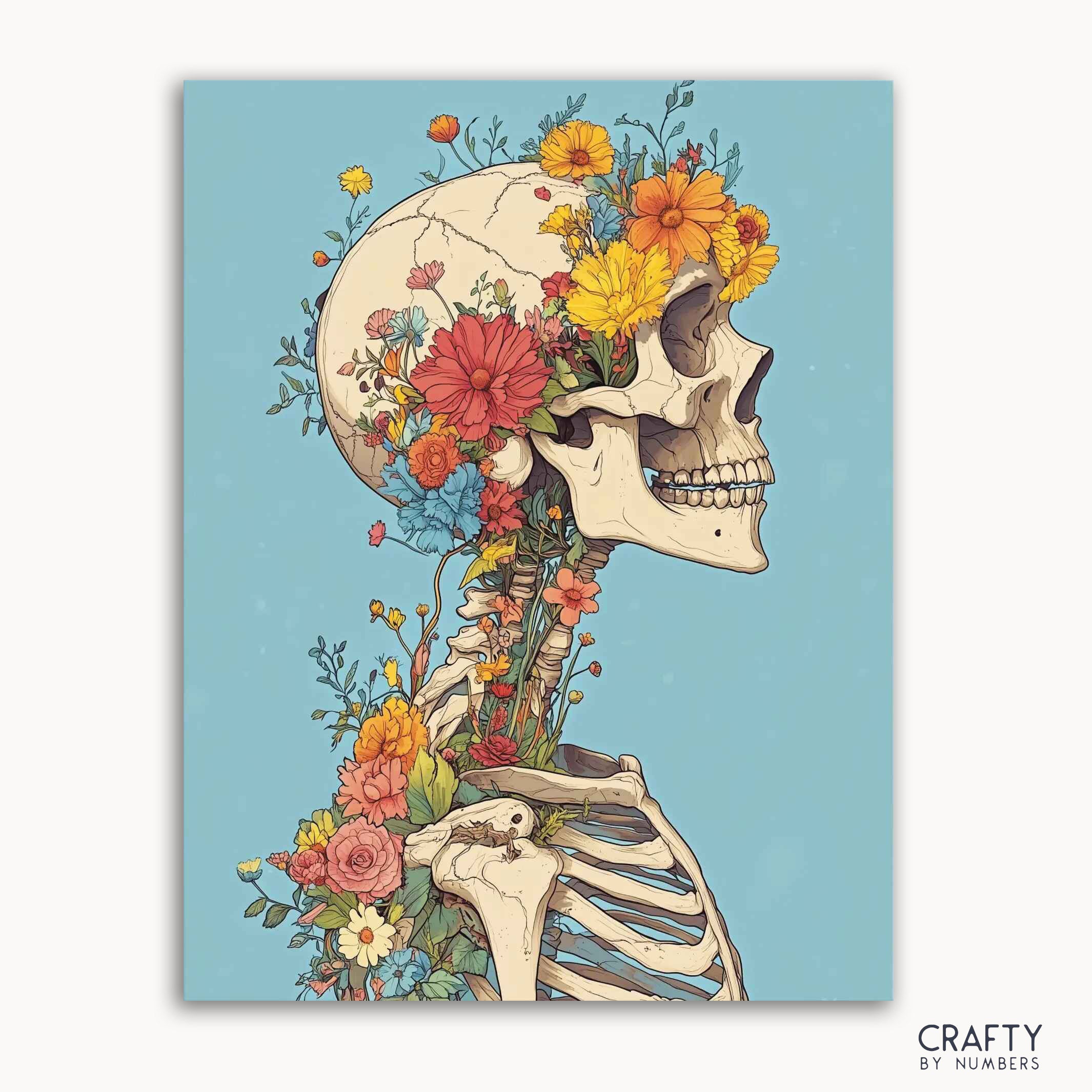 A paint by numbers kit depicting a skeleton with flowers growing from its head and neck, set against a blue background.
