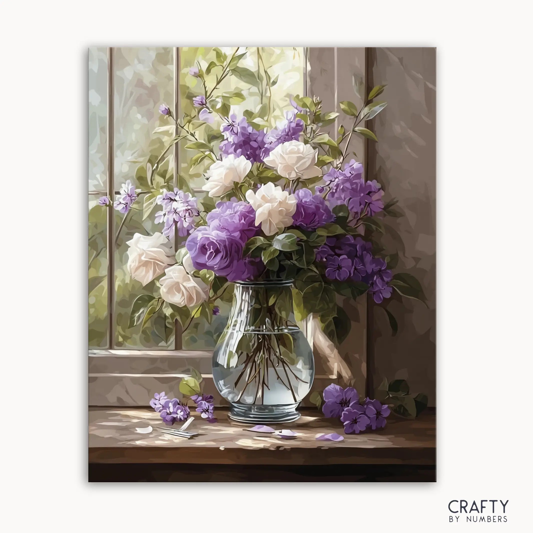 A paint by numbers kit image showing a sunlit glass vase with purple and white blossoms on a table.