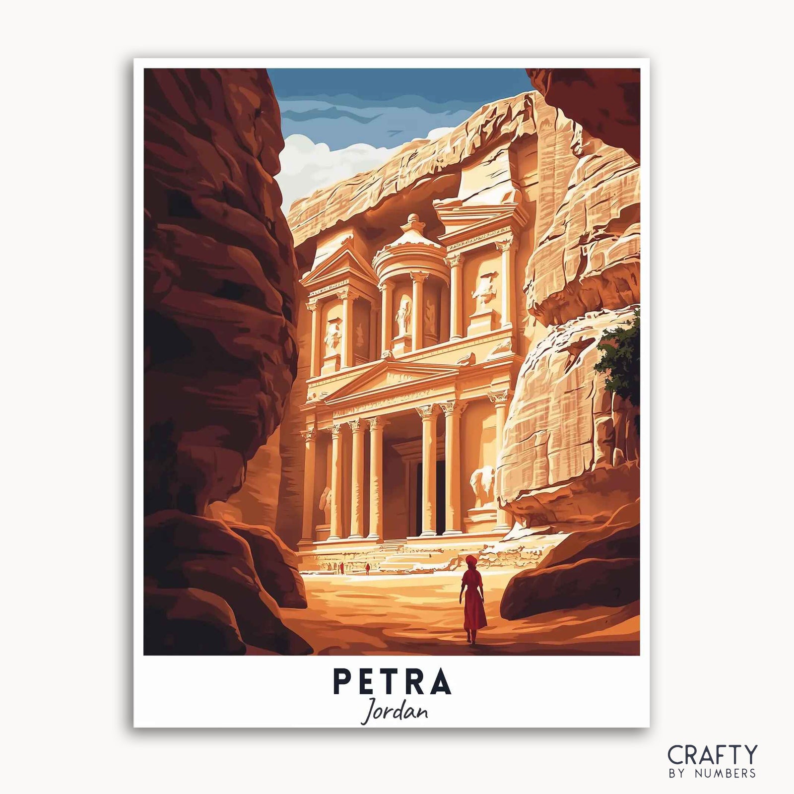 Une affiche de voyage peinte par numéros représentant l'ancienne ville de Petra en Jordanie, avec le bâtiment du Trésor avec des falaises de grès en arrière-plan.