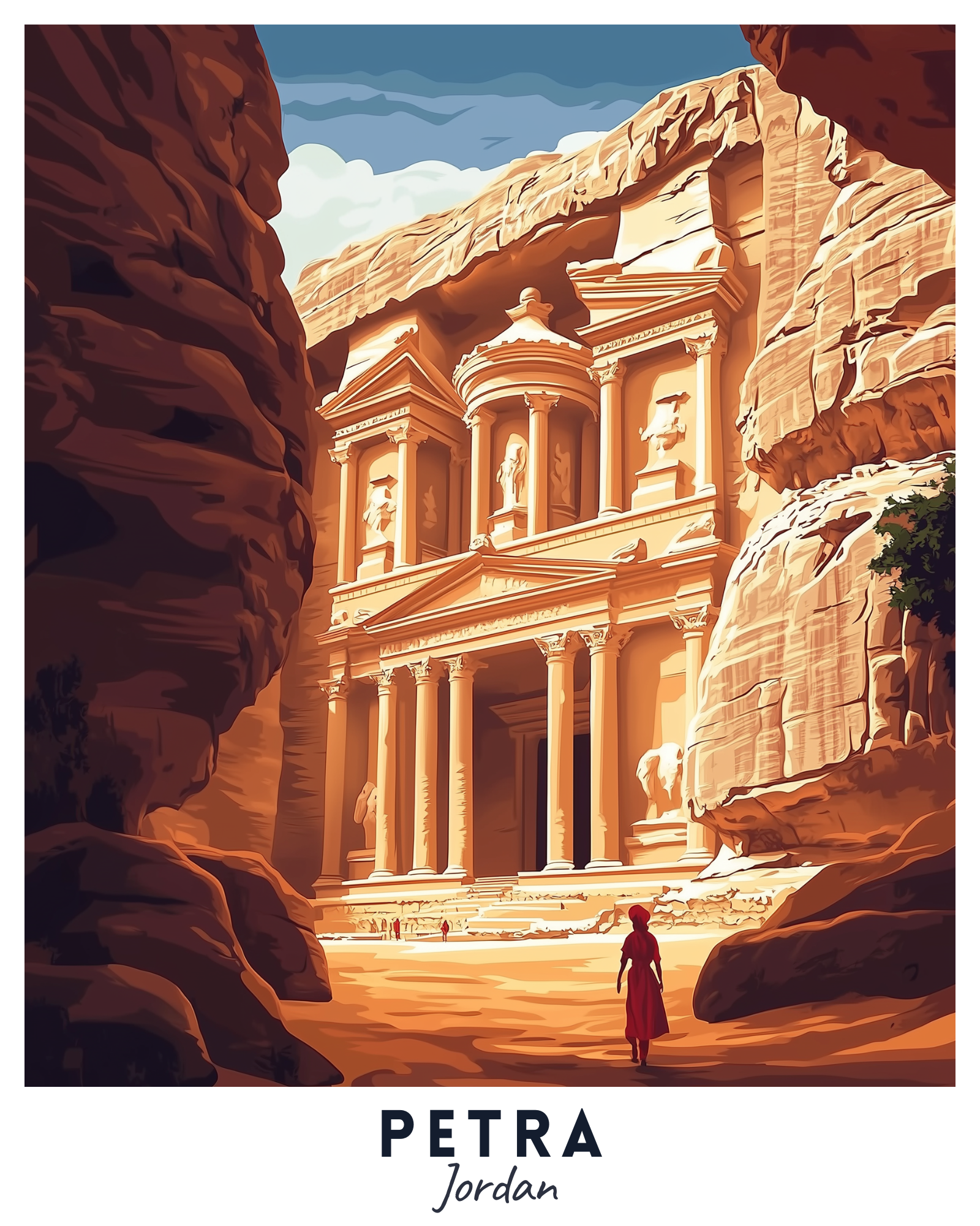 A paint by numbers kit depicting the ancient city of Petra in Jordan, with a person standing in front of the Al-Khazneh temple.