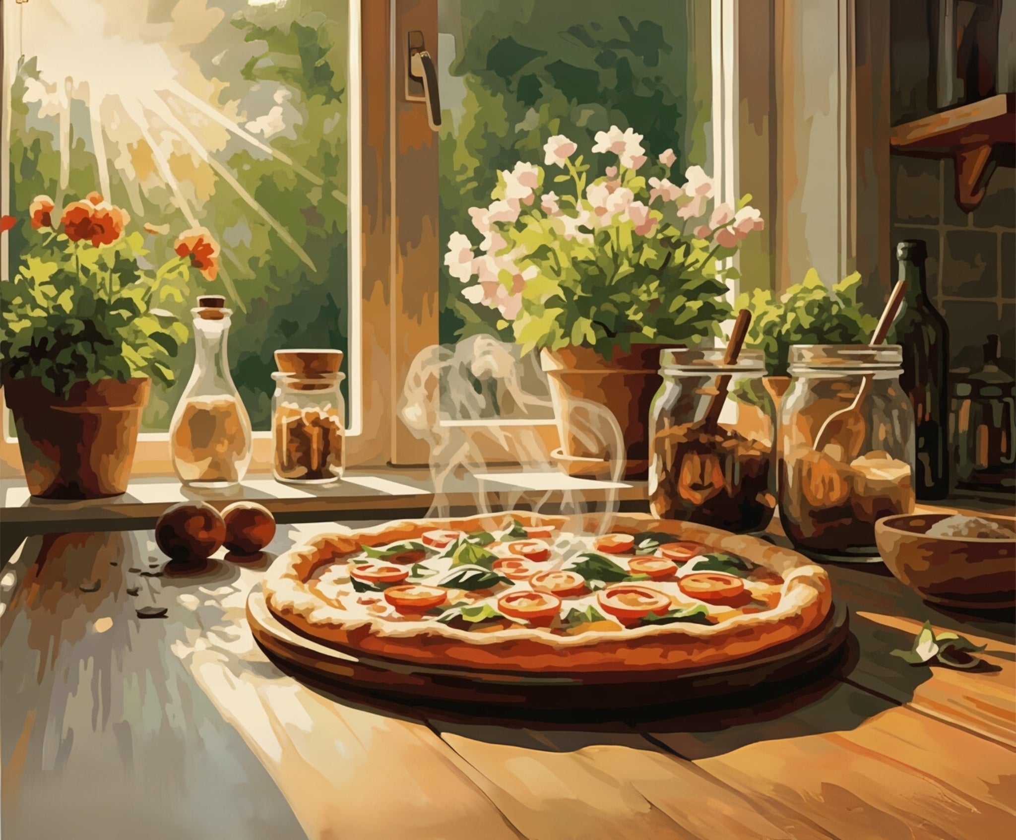 Pizza on a wooden board with flowers and kitchen items in the background