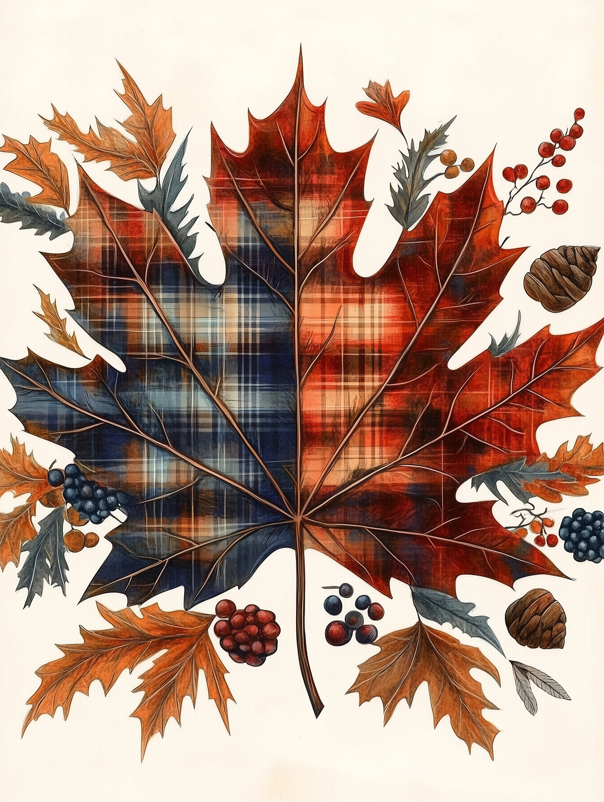 Un kit de peinture par numéros représentant une feuille d'érable à motif écossais entourée de baies et de pommes de pin, avec un feuillage d'automne en arrière-plan.