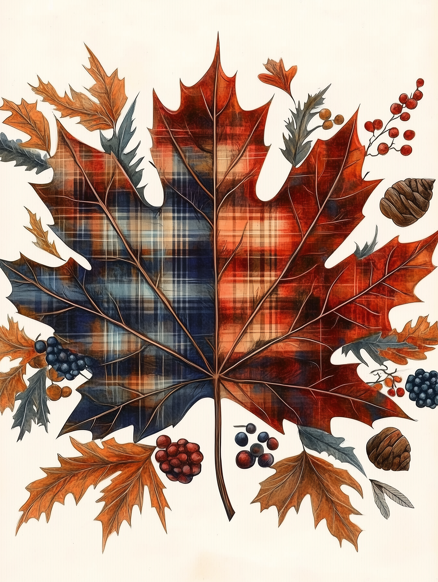 A paint-by-numbers kit depicting a plaid pattern maple leaf surrounded by berries and pinecones, with autumn foliage in the background.