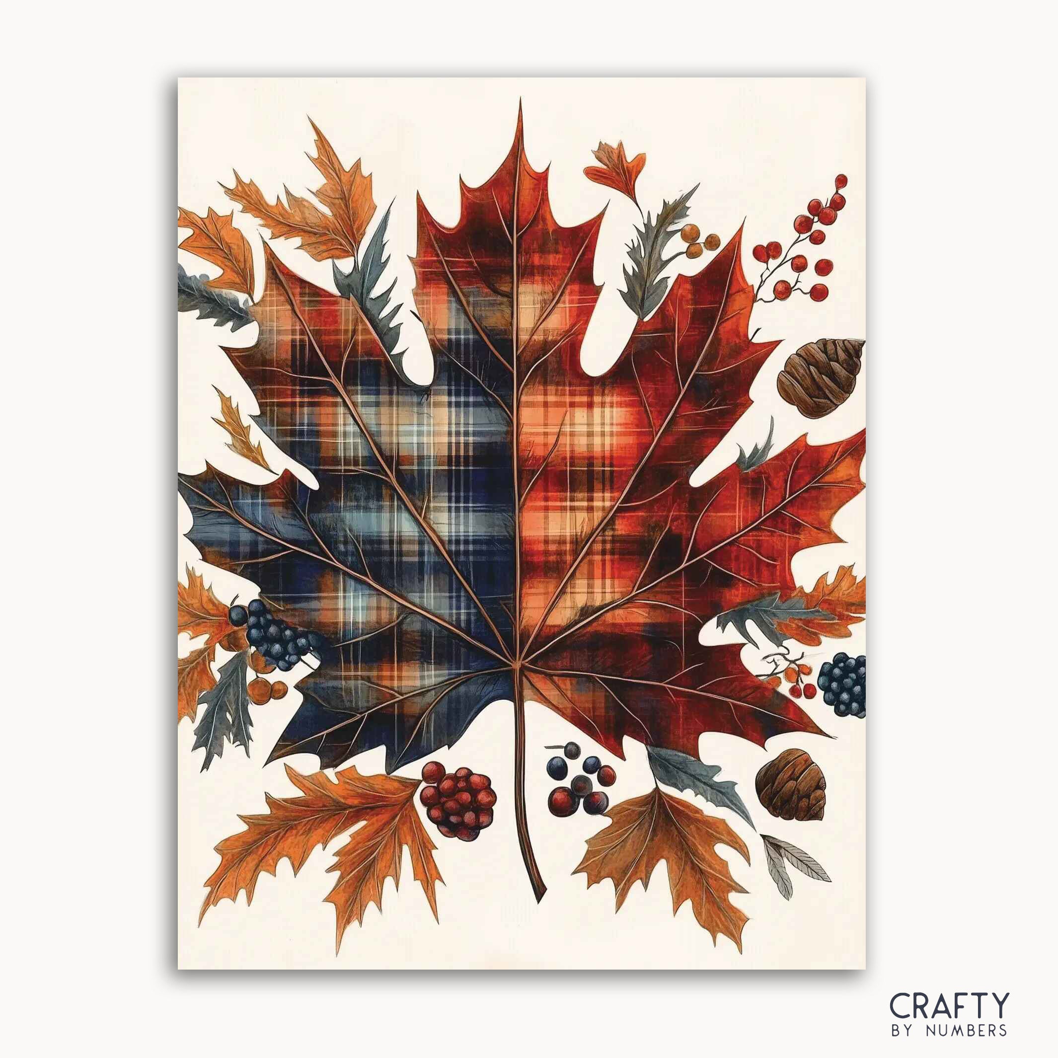 A paint-by-numbers kit depicting a plaid patterned maple leaf with autumn foliage, berries, and pinecones.