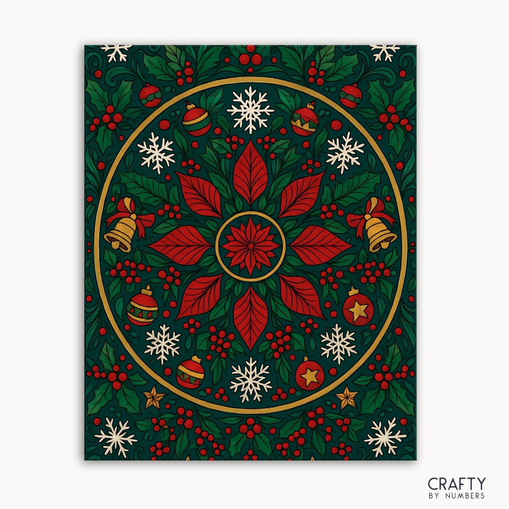 Poinsettia Magic Mandala Paint by Numbers kit featuring a festive mandala with vibrant red poinsettia petals, deep evergreen leaves, golden accents, snowflakes, holly, and twinkling ornaments