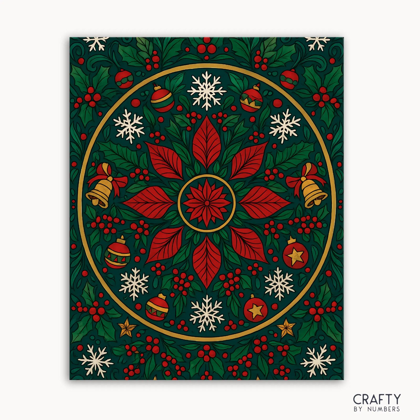 Kit de pintura por números Poinsettia Magic Mandala que presenta un mandala festivo con pétalos de flor de pascua de color rojo vibrante, hojas de color verde intenso, detalles dorados, copos de nieve, acebo y adornos centelleantes.