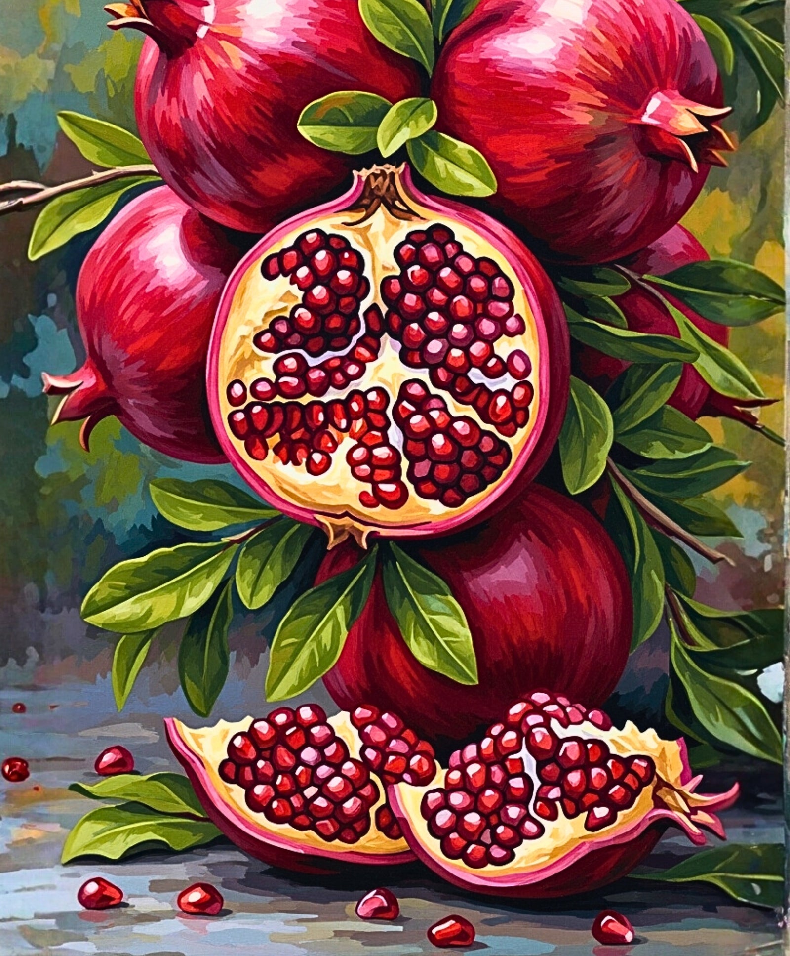 Peinture de grenades avec un accent sur une coupe ouverte pour révéler les graines.