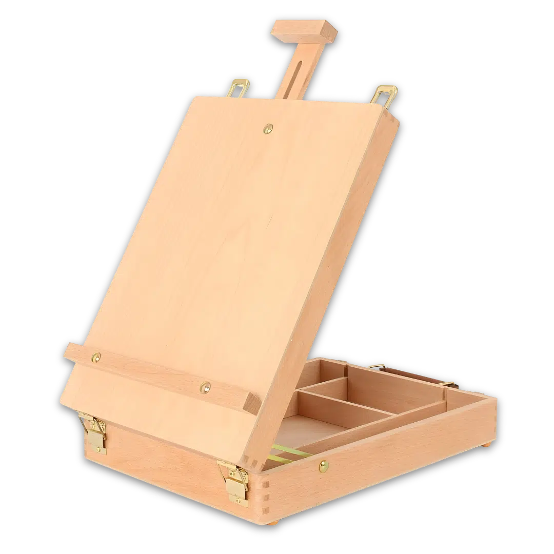 Portable wooden table easel with built-in storage box