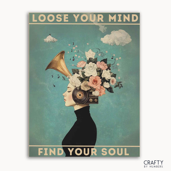 A paint-by-numbers kit with a design of a person with a gramophone and floral elements, with the text 'LOOSE YOUR MIND FIND YOUR SOUL' at the top.