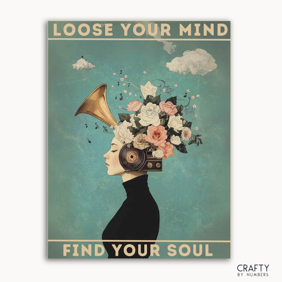 Ein Malen-nach-Zahlen-Set mit dem Motiv einer Person mit einem Grammophon und floralen Elementen, mit dem Text „LOOSE YOUR MIND FIND YOUR SOUL“ oben.