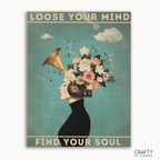 A paint-by-numbers kit with a design of a person with a gramophone and floral elements, with the text 'LOOSE YOUR MIND FIND YOUR SOUL' at the top.