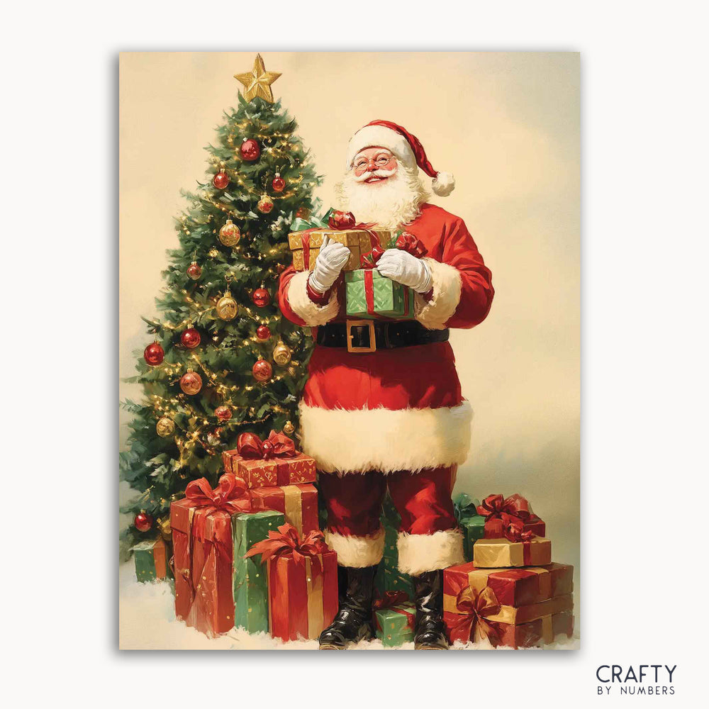 A paint by numbers kit depicting Santa Claus holding presents in front of a Christmas tree with ornaments and gifts.
