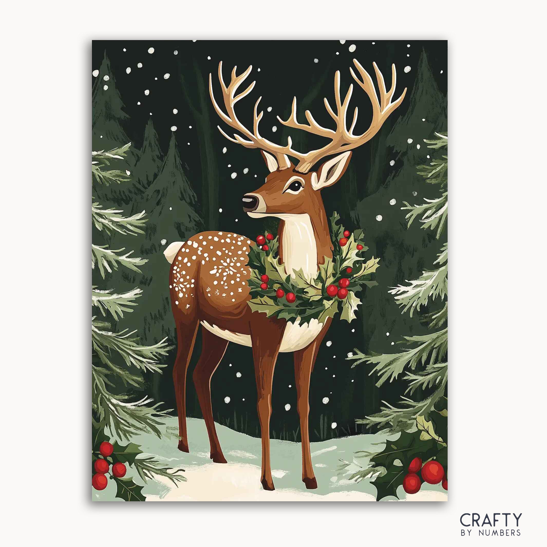 A paint by numbers kit depicting a woodland stag with a wreath of holly and berries, surrounded by snowy evergreens.