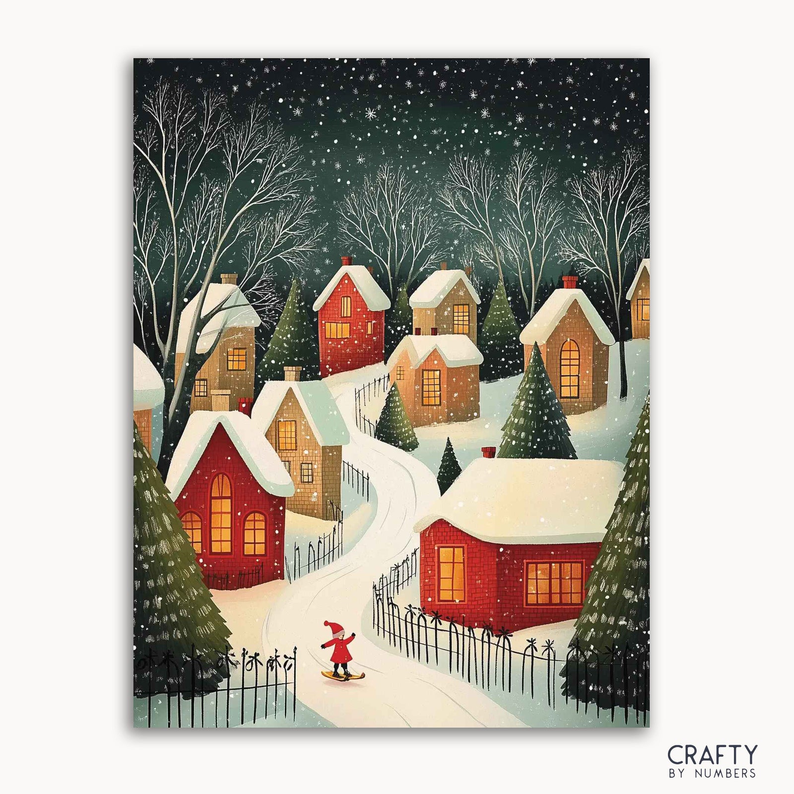 A paint by numbers kit depicting a snowy village scene with quaint houses and a figure in red dressed in snow-covered landscape.