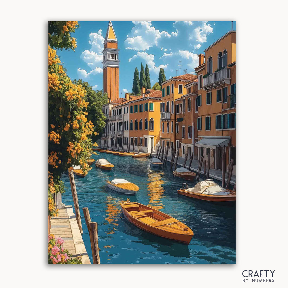 A paint-by-numbers kit depicting a vibrant scene of Venice with boats on the canal and a building in the background.
