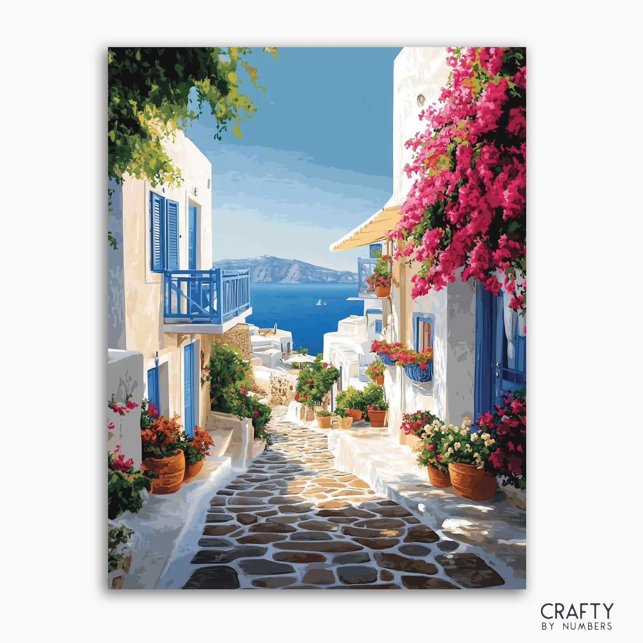 A paint-by-numbers kit depicting a sunlit village path with vibrant bougainvillea and houses, leading to a view of the Aegean Sea.