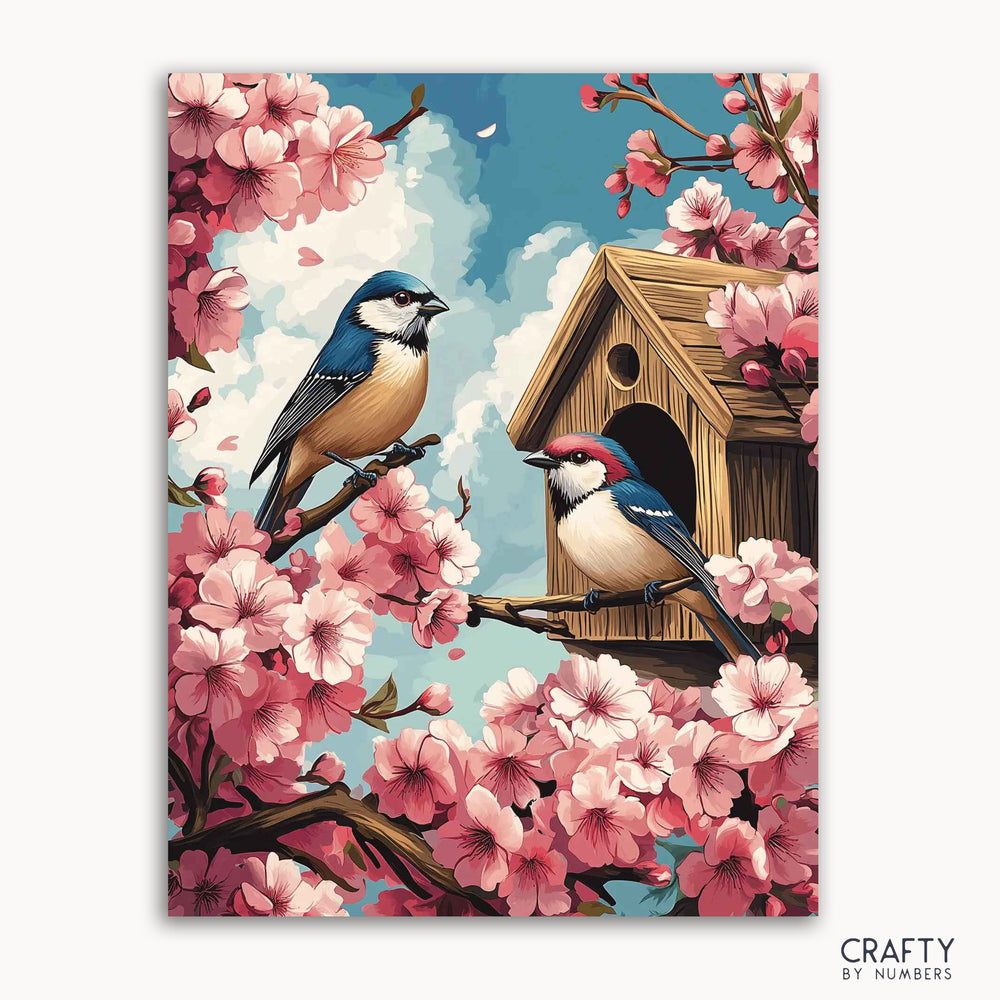 A paint by numbers kit depicting a pair of birds among cherry blossoms with a birdhouse, with a Crafty by Numbers logo at the bottom.