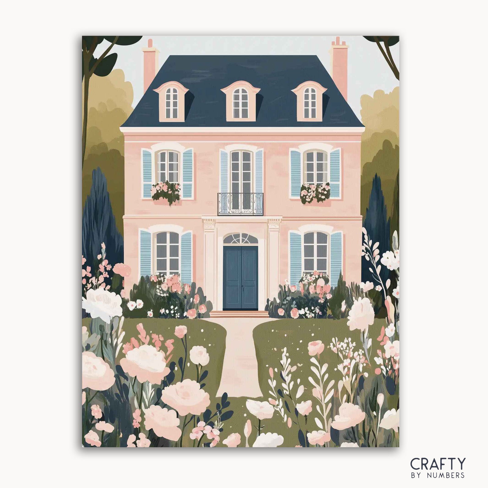Un kit de pintura por números que representa un prado vibrante con flores coloridas y una casa rosa con contraventanas azules al fondo.