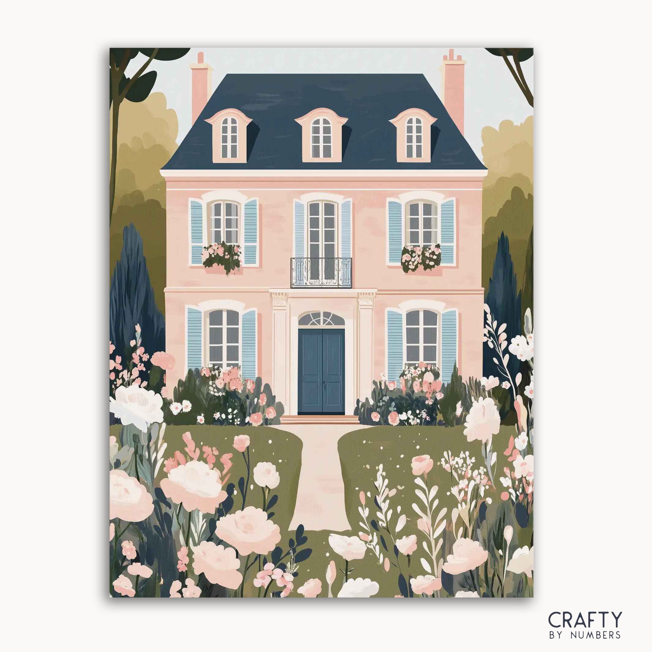 A paint-by-numbers kit depicting a vibrant meadow with colorful flowers and a pink house with blue shutters in the background.