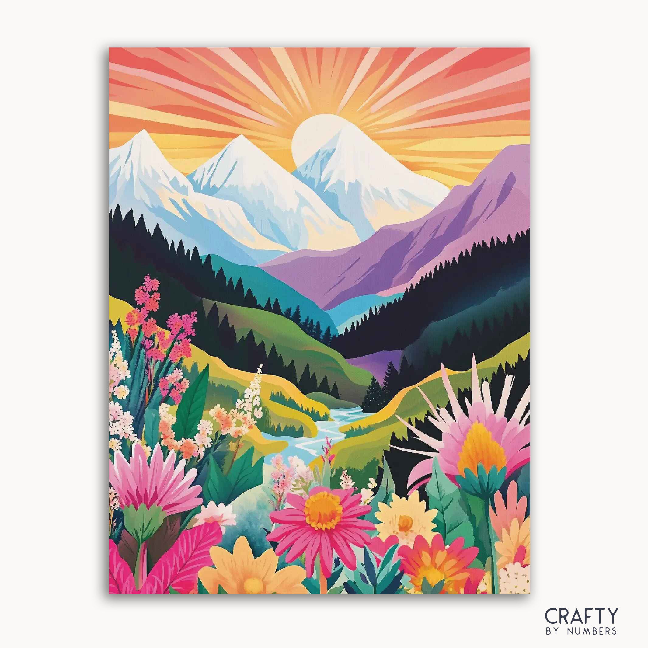A paint-by-numbers kit depicting a vibrant sunset with mountains and flowers on the canvas.