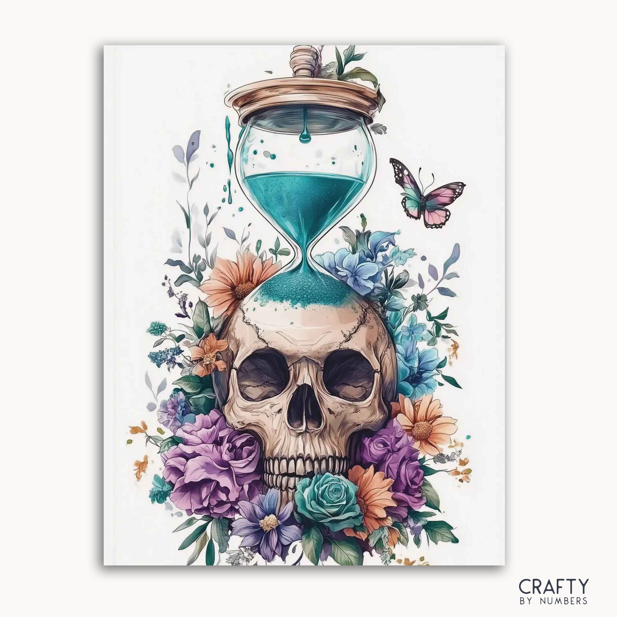A paint by numbers kit image featuring a skull with floral arrangements and an hourglass, with vibrant colors and a butterfly