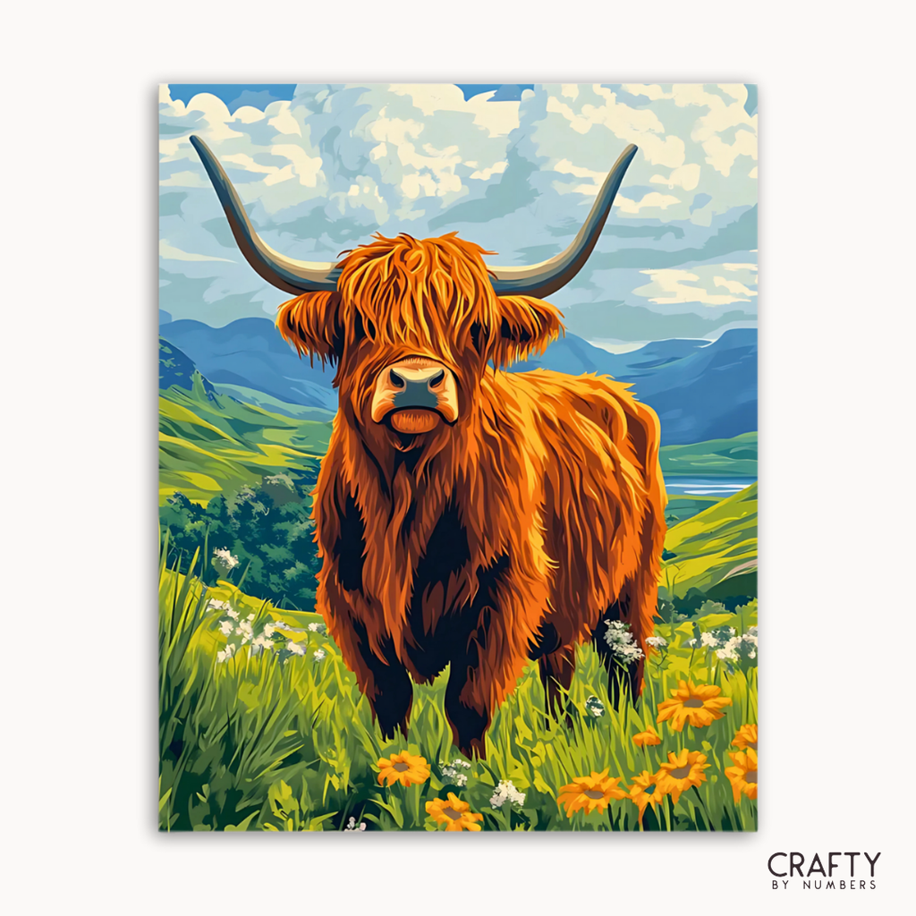 Painting of a highland cow in a field with mountains and sky in the background, featuring the brand 'Crafty by Numbers'.