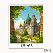 Illustration of a famous building in Belfast, Northern Ireland, with green trees and a clear sky.