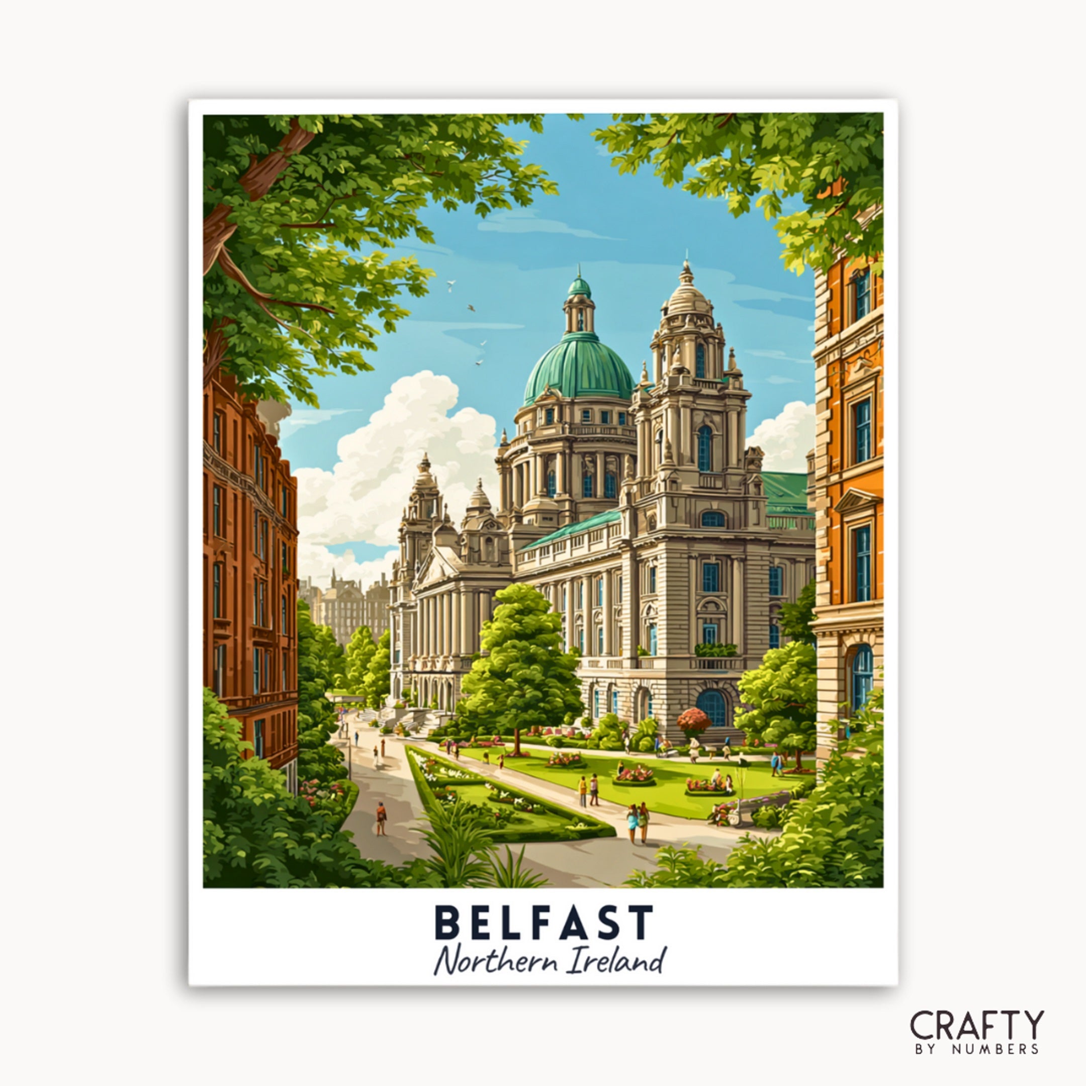 Illustration of a famous building in Belfast, Northern Ireland, with green trees and a clear sky.