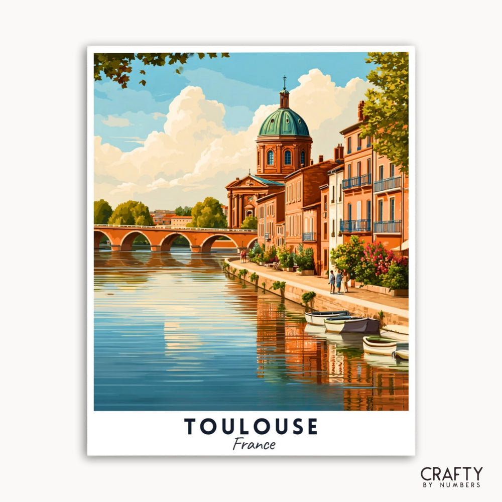 Artistic depiction of a scenic view of Toulouse, France with a river and historic buildings.