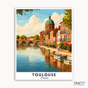 Artistic depiction of a scenic view of Toulouse, France with a river and historic buildings.