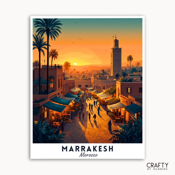 Poster of a street scene in Marrakesh, Morocco with palm trees and a sunset.