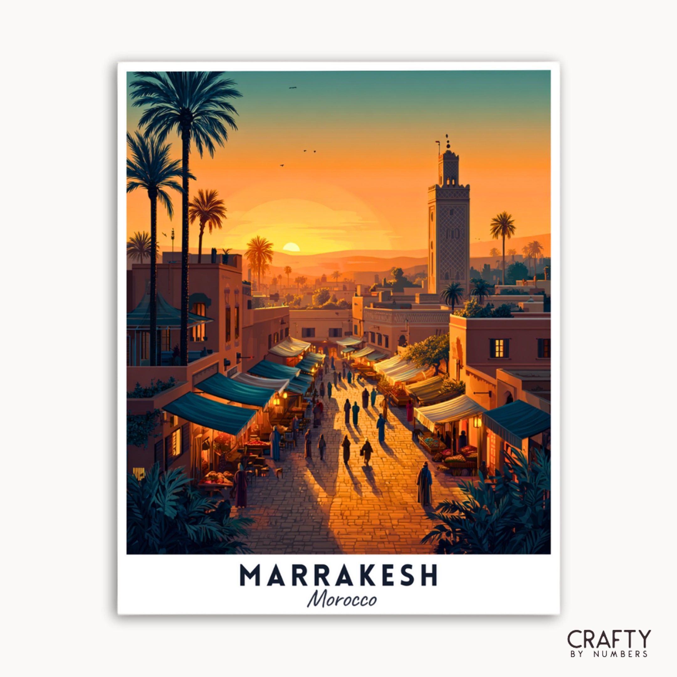 Poster of a street scene in Marrakesh, Morocco with palm trees and a sunset.
