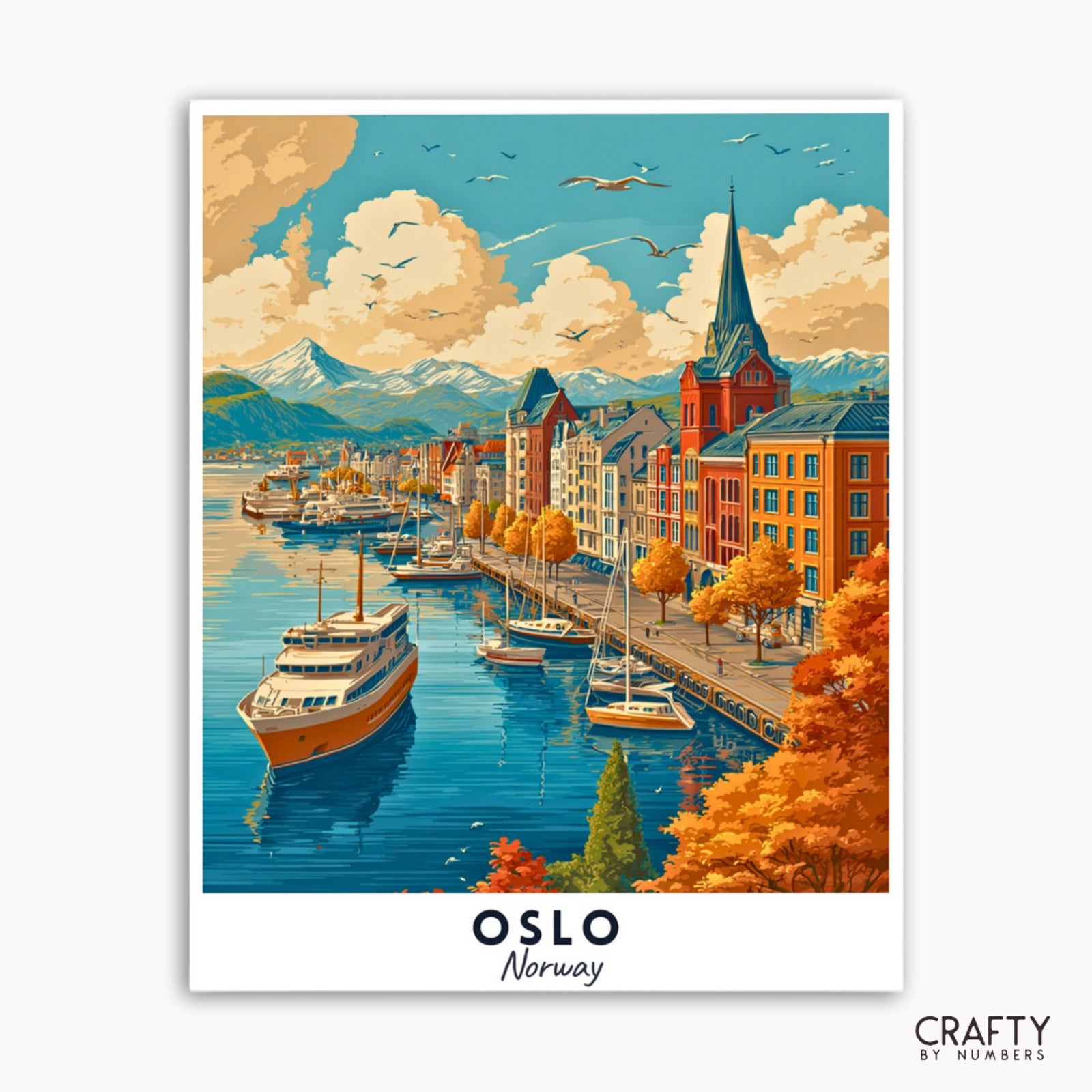 Illustration d'une vue panoramique d'Oslo, en Norvège, avec des bateaux sur l'eau et des bâtiments colorés.