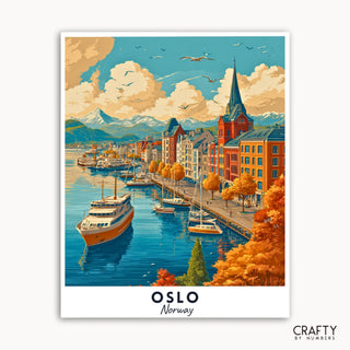 Illustration of a scenic view of Oslo, Norway with boats on the water and colorful buildings.