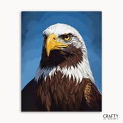 Illustration of a bald eagle on a blue background with 'Crafty by Numbers' branding.
