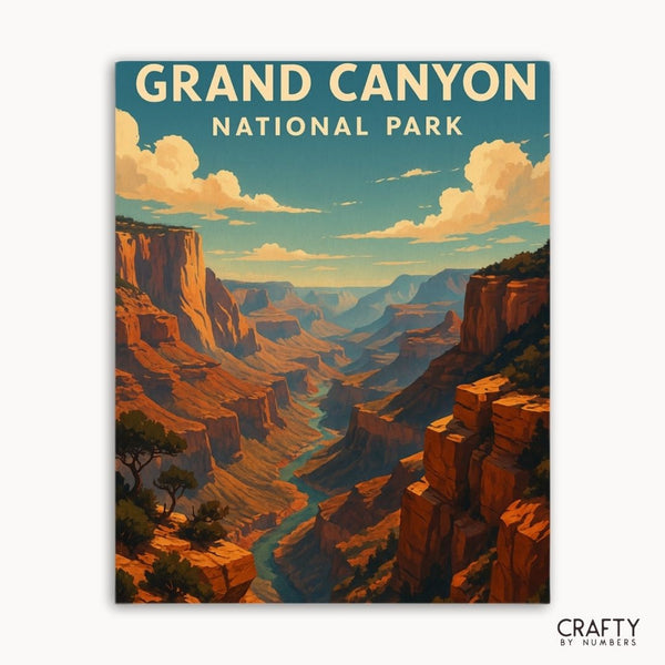 Poster of Grand Canyon National Park with a scenic view and 'Crafty by Numbers' branding.