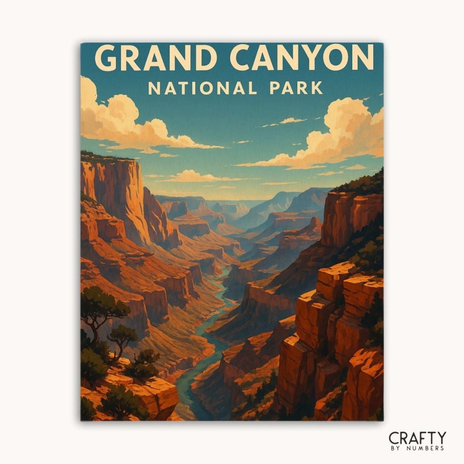 Póster del Parque Nacional del Gran Cañón con una vista panorámica y la marca 'Crafty by Numbers'.