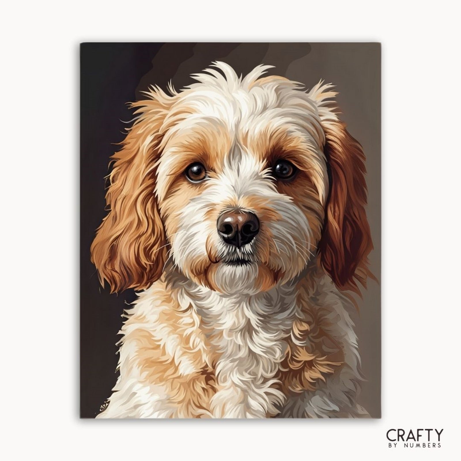 Illustration eines Hundes mit braunem und weißem Fell auf dunklem Hintergrund, mit der Marke „Crafty by Numbers“.