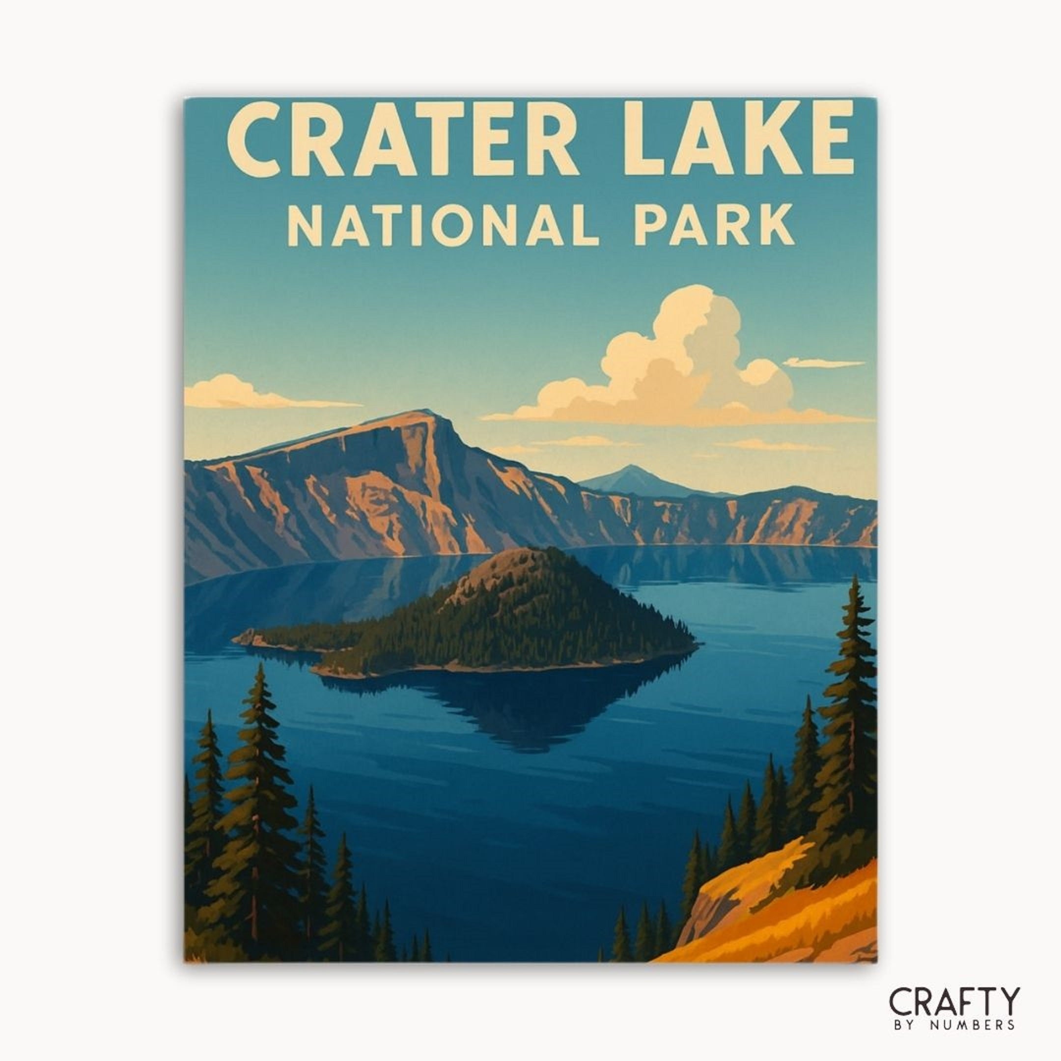 Scenic Crater Lake painting kit featuring calm waters and surrounding peaks, beginner-friendly paint by numbers set.
