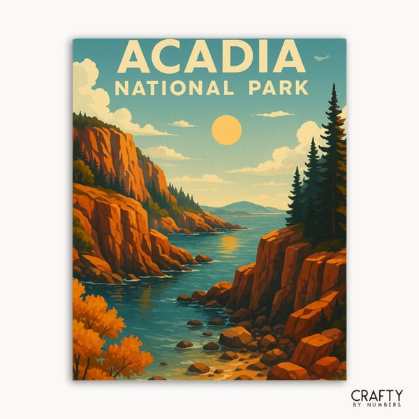 Acadia National Park paint by numbers kit with sunlit cliffs and scenic coastal landscape for DIY painting lovers.