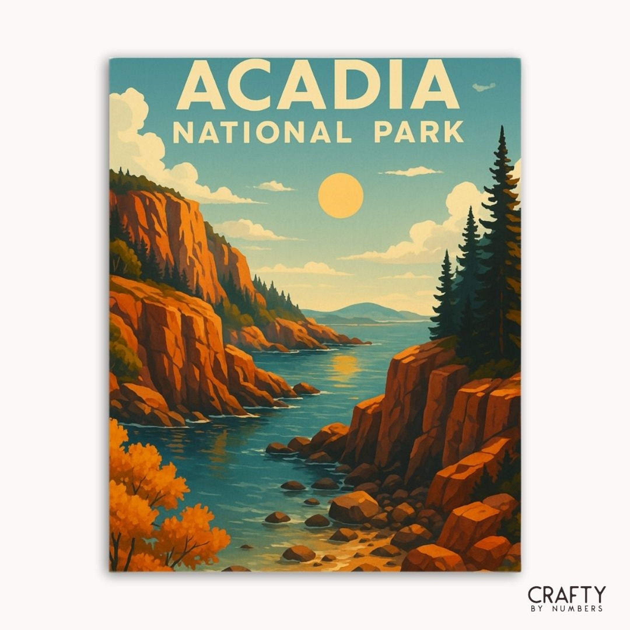 Acadia National Park paint by numbers kit with sunlit cliffs and scenic coastal landscape for DIY painting lovers.